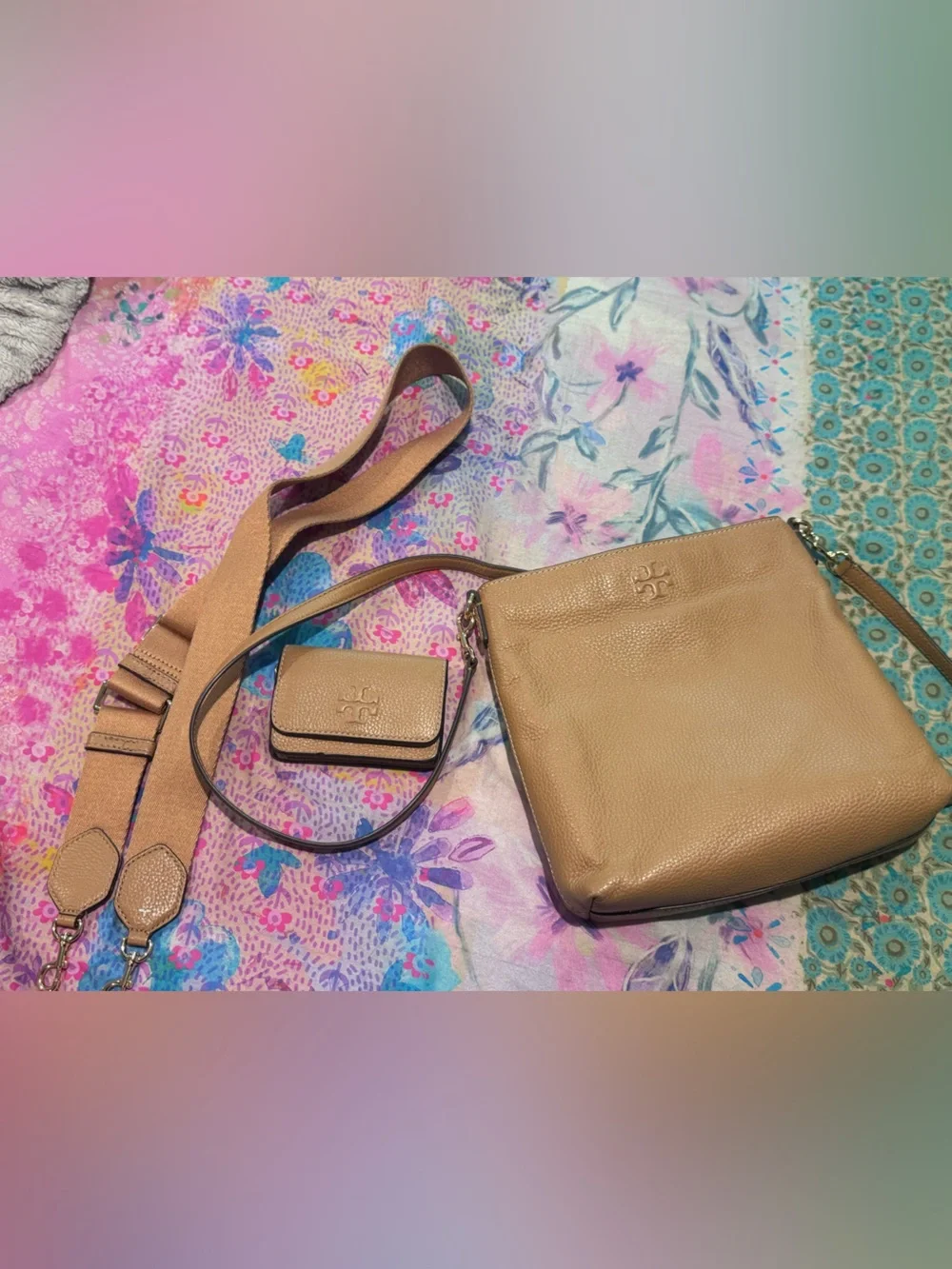 Tory Burch Tan Pebbled Leather Crossbody Set